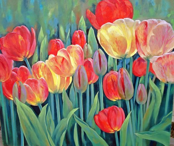 Картина под названием "tulips" - Sergey Kolodyazhniy, Подлинное произведение искусства, Масло