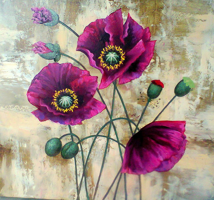 Картина под названием "Poppies" - Sergey Kolodyazhniy, Подлинное произведение искусства, Масло