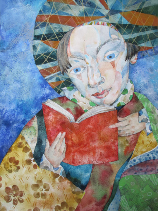 Painting titled "Reading Young Man" by Sergey Kostin, Original Artwork, Watercolor