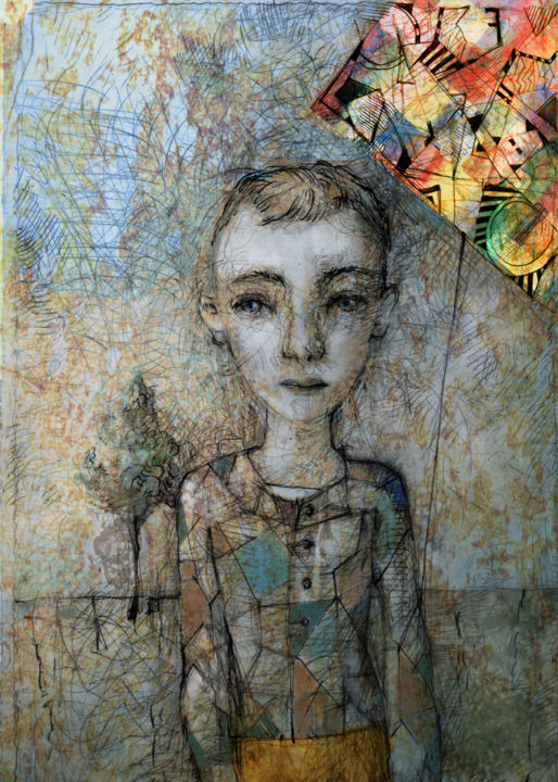 Painting titled "Playing Boy" by Sergey Kostin, Original Artwork, Pencil