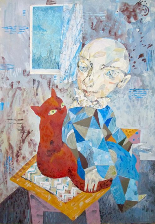 Картина под названием "Clown with Red Cat" - Sergey Kostin, Подлинное произведение искусства, Акрил