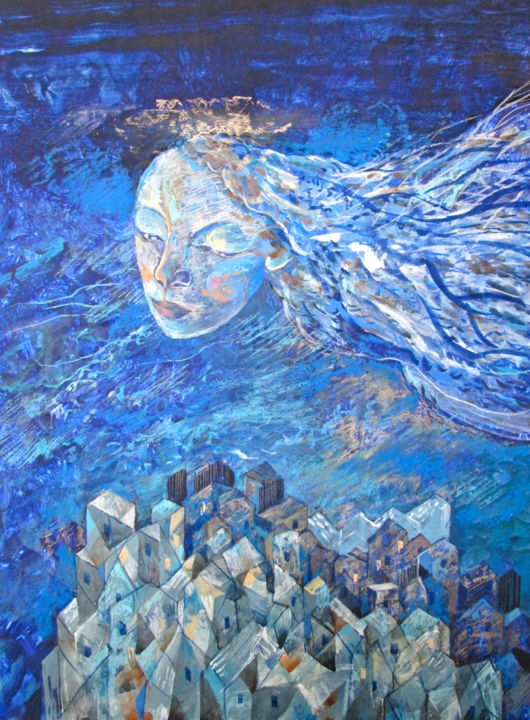 Painting titled "Night Flying Angel" by Sergey Kostin, Original Artwork, Tempera