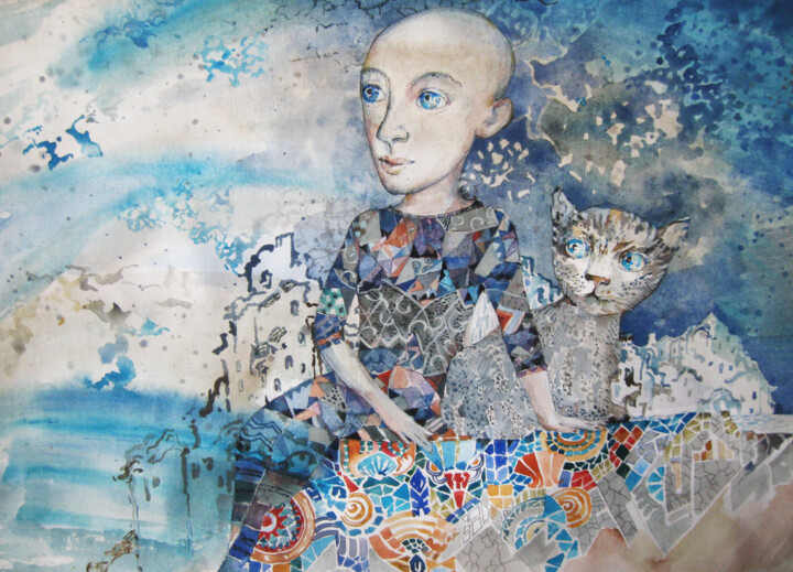 Картина под названием "Girl with  Good  Cat" - Sergey Kostin, Подлинное произведение искусства, Акварель