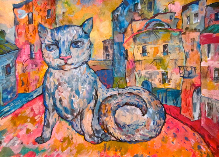 Painting titled "Cat in Red Town" by Sergey Kostin, Original Artwork, Tempera