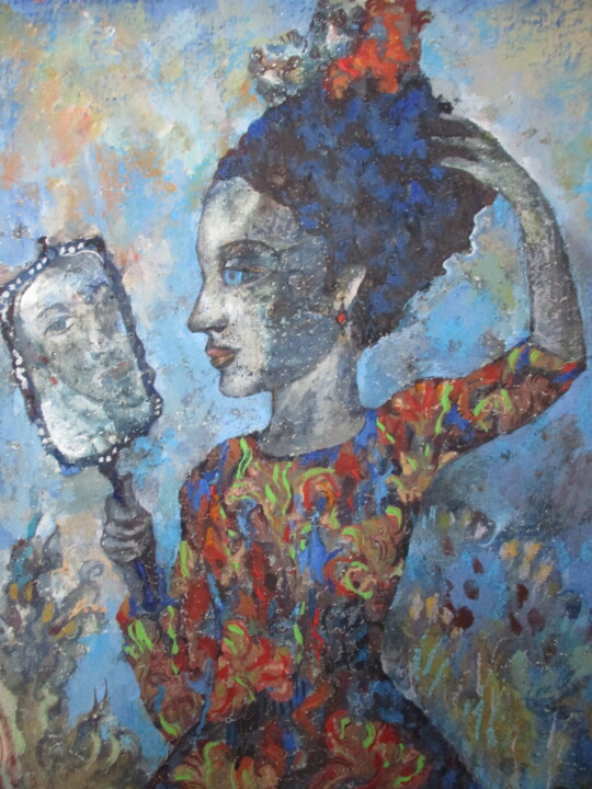 Schilderij getiteld "Girl with a mirror" door Sergey Kostin, Origineel Kunstwerk, Acryl