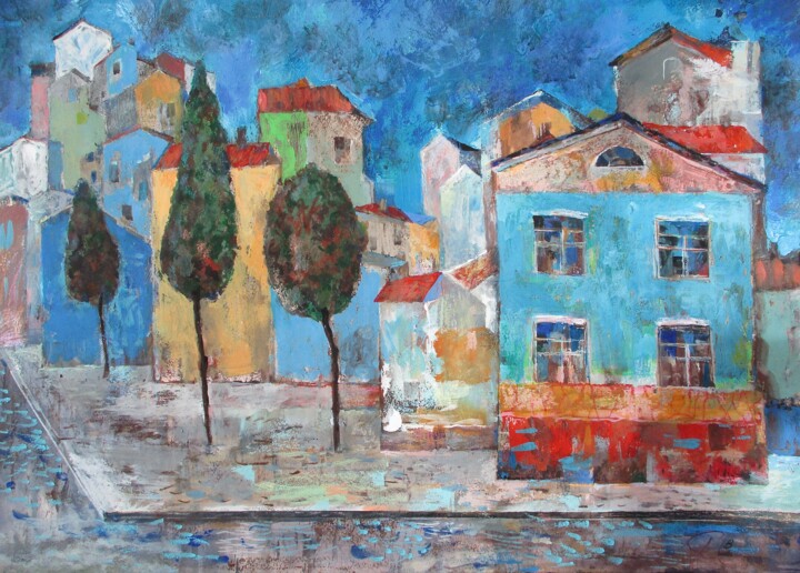 Painting titled "Lonely Town" by Sergey Kostin, Original Artwork, Acrylic