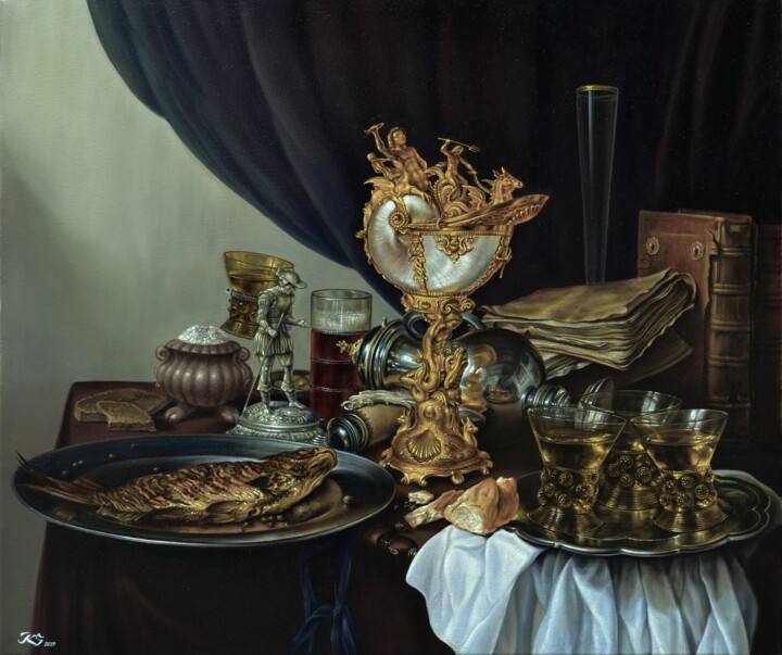 Painting titled ""Still life with Na…" by Sergey Kuzmin, Original Artwork, Oil Mounted on Wood Stretcher frame