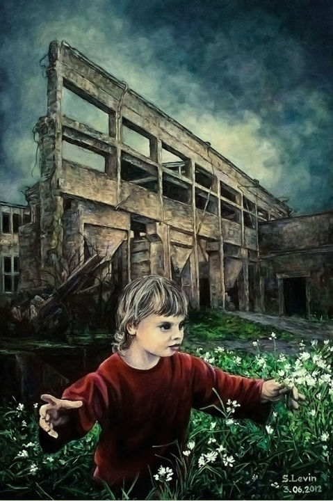 Malerei mit dem Titel "post-industrial lan…" von Sergey Levin, Original-Kunstwerk, Öl
