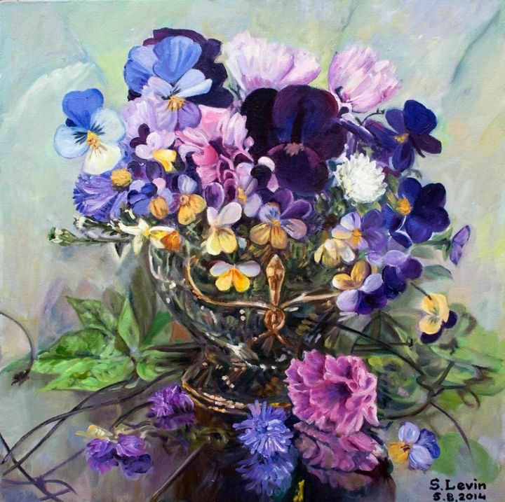 Peinture intitulée "pansies" par Sergey Levin, Œuvre d'art originale, Huile