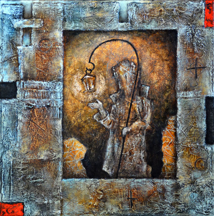 Painting titled "Ghost Lamplighter i…" by Sergey Mikhankov, Original Artwork, Oil Mounted on Wood Stretcher frame