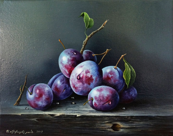 Painting titled "Still life-plums (2…" by Sergey Miqayelya, Original Artwork, Oil Mounted on Wood Stretcher frame