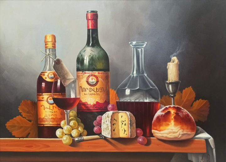 Peinture intitulée "Still life with cog…" par Sergey Miqayelya, Œuvre d'art originale, Huile Monté sur Châssis en bois