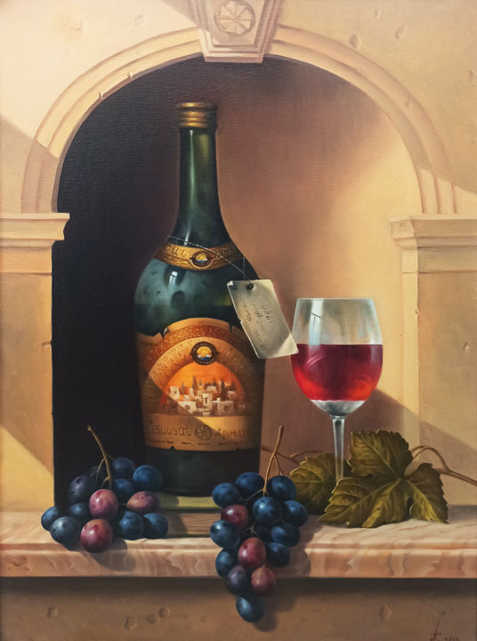 Painting titled "Still life with cup…" by Sergey Miqayelya, Original Artwork, Oil Mounted on Wood Stretcher frame