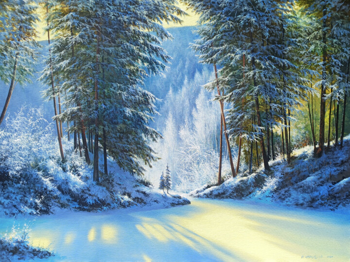 Painting titled "Golden Winter Forest" by Sergey Miqayelya, Original Artwork, Oil Mounted on Wood Stretcher frame