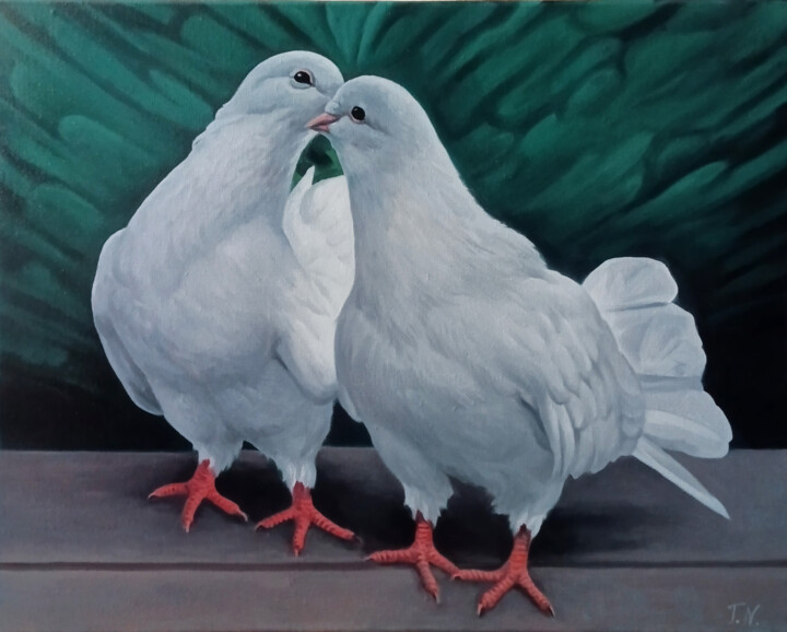 Painting titled "White Pigeons in Lo…" by Sergey Miqayelya, Original Artwork, Oil Mounted on Wood Stretcher frame