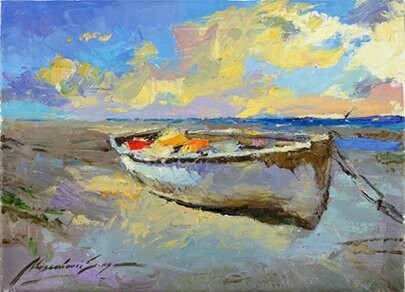 Картина под названием "The Old Boat" - Sergey Moskalev, Подлинное произведение искусства, Масло