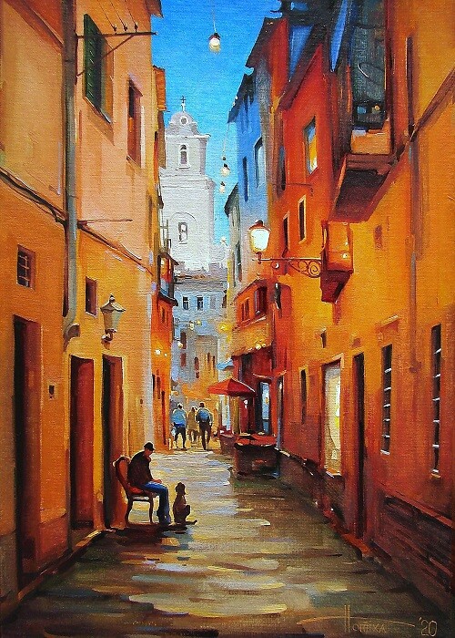 Painting titled "Evening Lisbon" by Sergey Potikha, Original Artwork, Oil