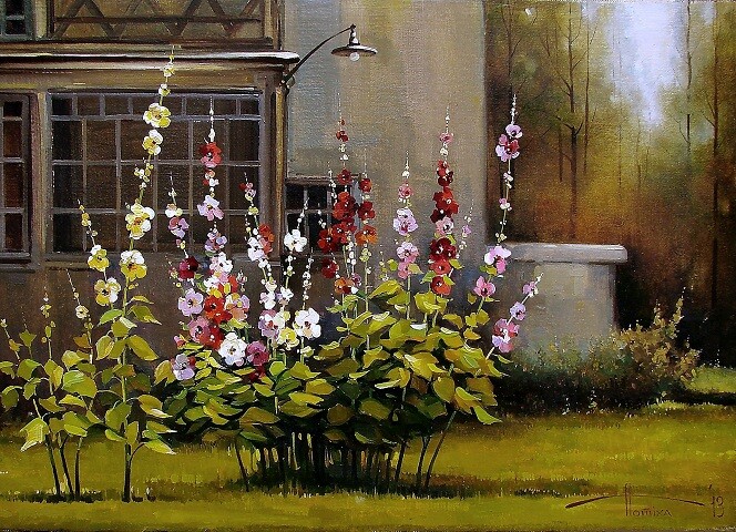 Painting titled "Mallow in Polenovo" by Sergey Potikha, Original Artwork, Oil