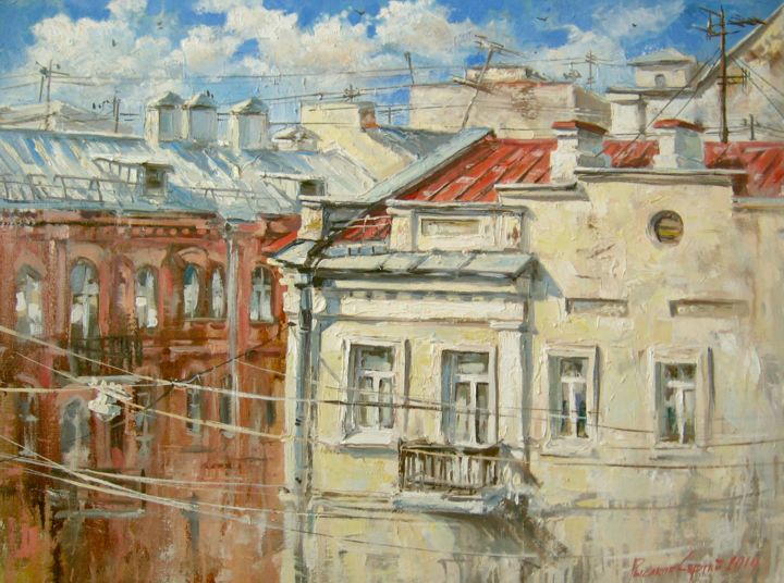 Painting titled "Осенние крыши / aut…" by Sergey Rysakov, Original Artwork, Oil