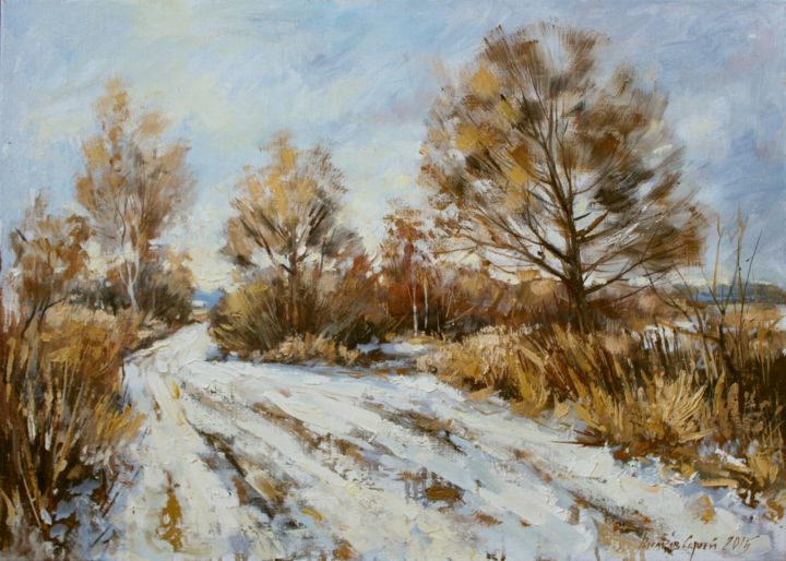 Картина под названием "Зимняя дорога / win…" - Sergey Rysakov, Подлинное произведение искусства, Масло