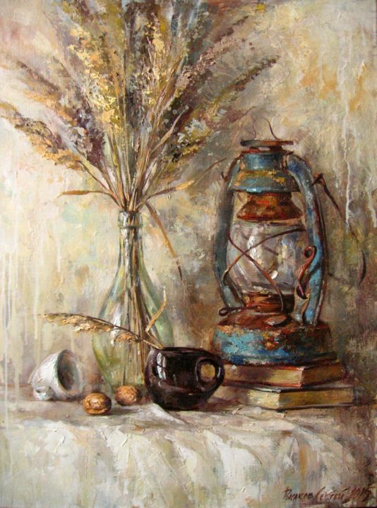 Картина под названием "Натюрморт с орехами…" - Sergey Rysakov, Подлинное произведение искусства, Масло