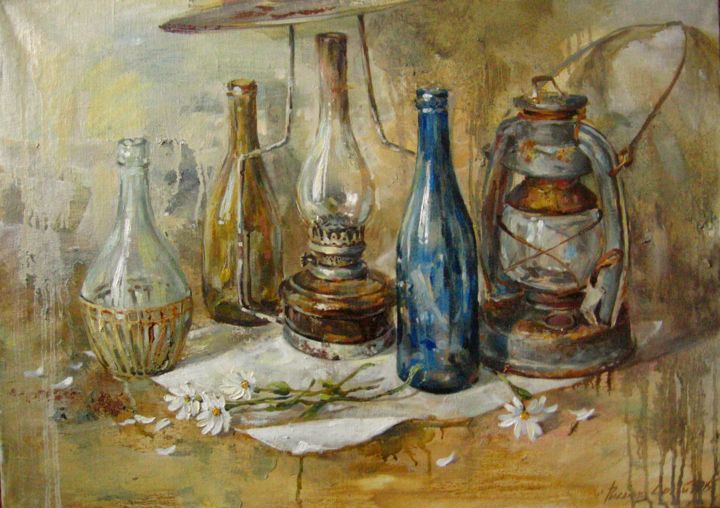 Painting titled "Натюрморт с ромашка…" by Sergey Rysakov, Original Artwork, Oil