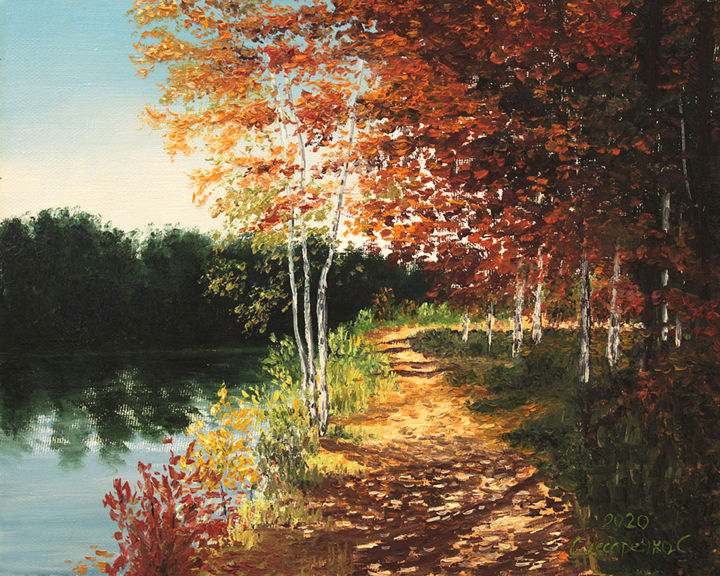 Painting titled "By the river" by Sergey Slesarenko, Original Artwork, Oil
