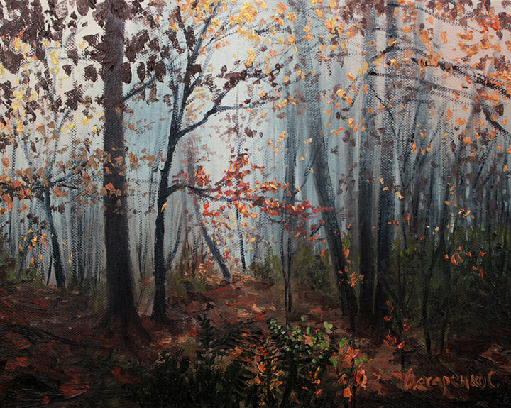 Painting titled "In the autumn forest" by Sergey Slesarenko, Original Artwork, Oil