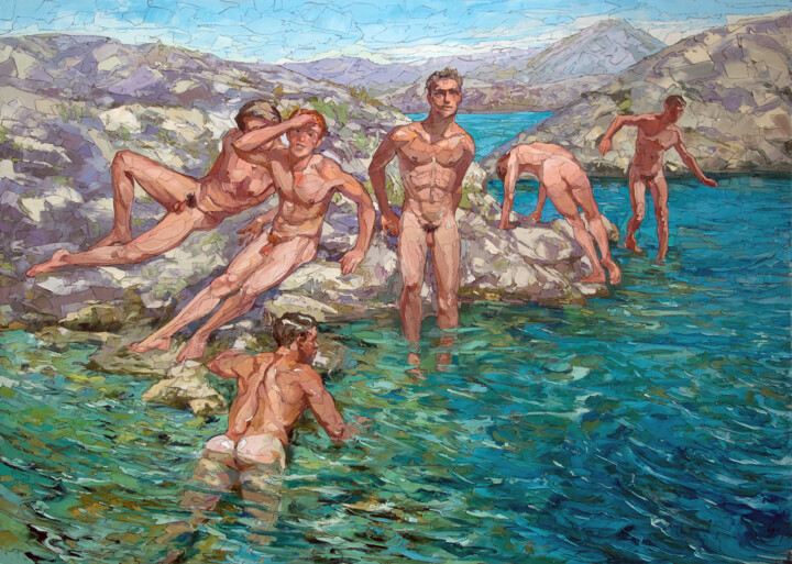 Painting titled "Greek Coast" by Sergey Sovkov, Original Artwork, Oil