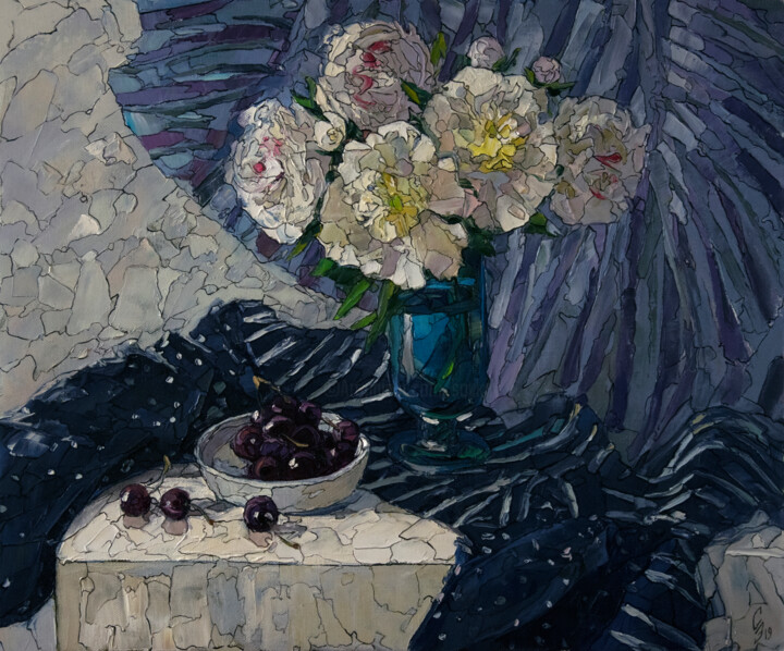 Painting titled "Peonies and Cherries" by Sergey Sovkov, Original Artwork, Oil
