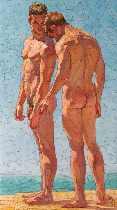 Painting titled "Beach affair" by Sergey Sovkov, Original Artwork, Oil Mounted on Wood Stretcher frame