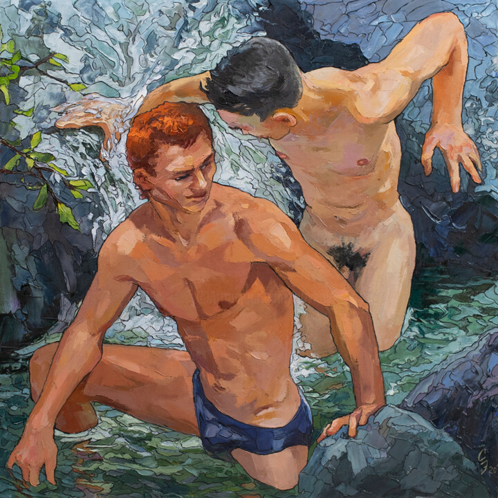Schilderij getiteld "In a mountain stream" door Sergey Sovkov, Origineel Kunstwerk, Olie