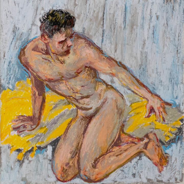 Tekening getiteld "Nude on a yellow sh…" door Sergey Sovkov, Origineel Kunstwerk, Pastel