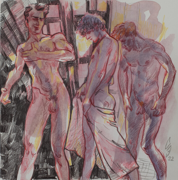 Drawing titled "in the steam room" by Sergey Sovkov, Original Artwork, Conté