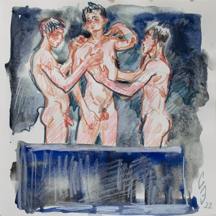 Dessin intitulée "Three guys in the b…" par Sergey Sovkov, Œuvre d'art originale, Aquarelle