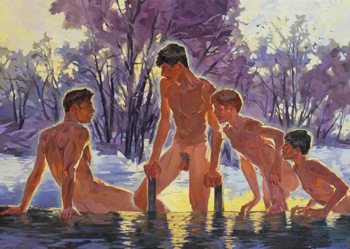 Painting titled "Evening swimming in…" by Sergey Sovkov, Original Artwork, Oil