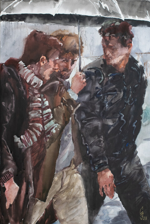 Dessin intitulée "Three guys under an…" par Sergey Sovkov, Œuvre d'art originale, Aquarelle