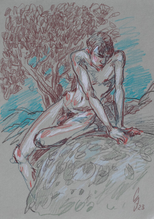 Zeichnungen mit dem Titel "Sad young man on a…" von Sergey Sovkov, Original-Kunstwerk, Conté-Buntstifte