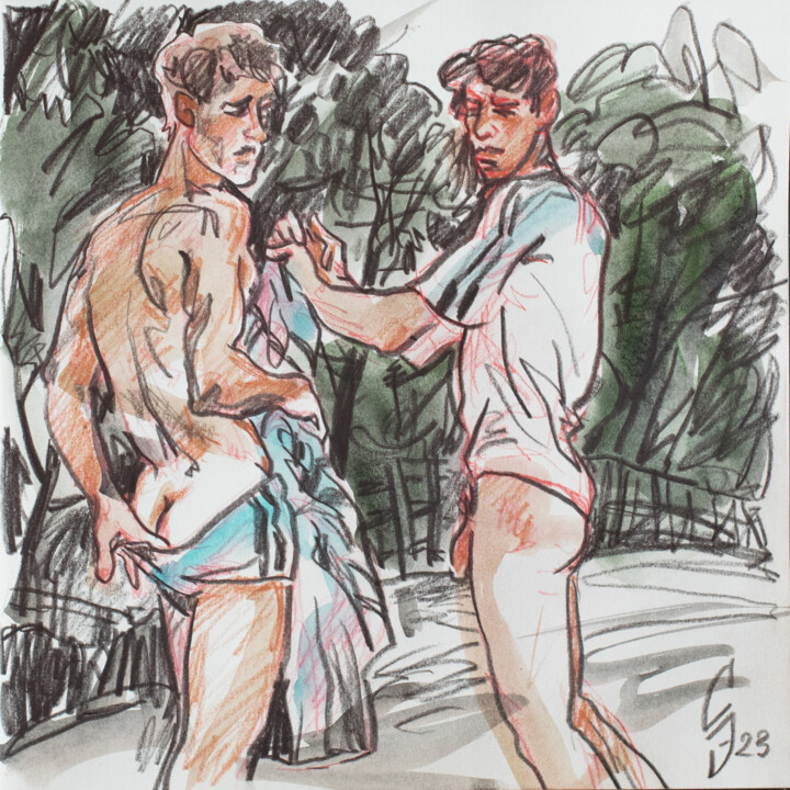 Drawing titled "Dressing young men." by Sergey Sovkov, Original Artwork, Conté