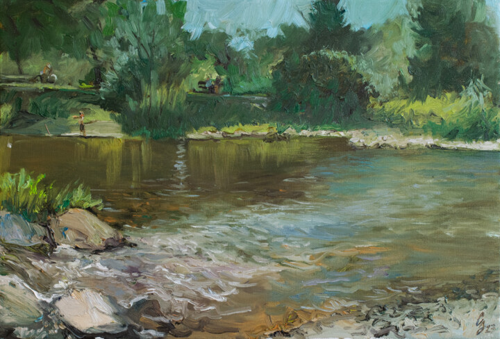 Malerei mit dem Titel "On the river Traisen" von Sergey Sovkov, Original-Kunstwerk, Öl