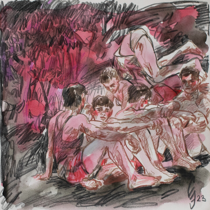Drawing titled "The team is resting" by Sergey Sovkov, Original Artwork, Watercolor