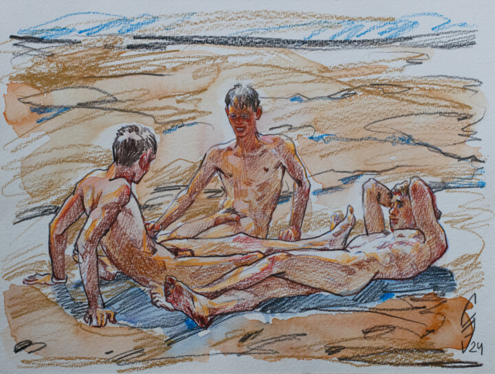 Drawing titled "Three friends on th…" by Sergey Sovkov, Original Artwork, Watercolor