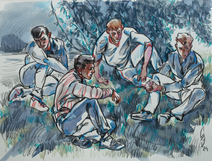 Zeichnungen mit dem Titel "Boys on the grass" von Sergey Sovkov, Original-Kunstwerk, Conté-Buntstifte