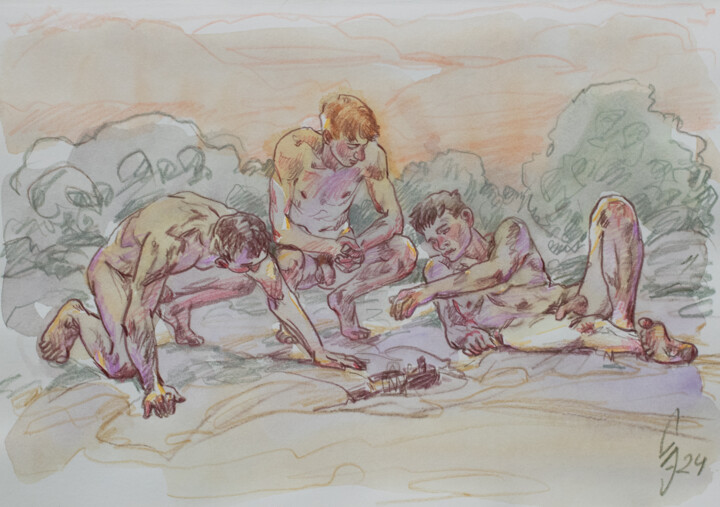 Drawing titled "Three guys on a san…" by Sergey Sovkov, Original Artwork, Conté