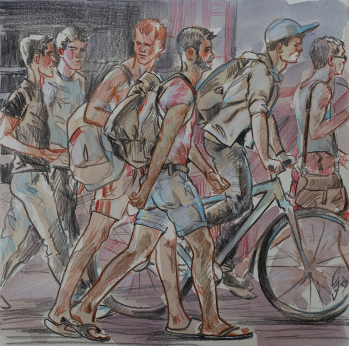 Desenho intitulada "On the sidewalk" por Sergey Sovkov, Obras de arte originais, Aquarela