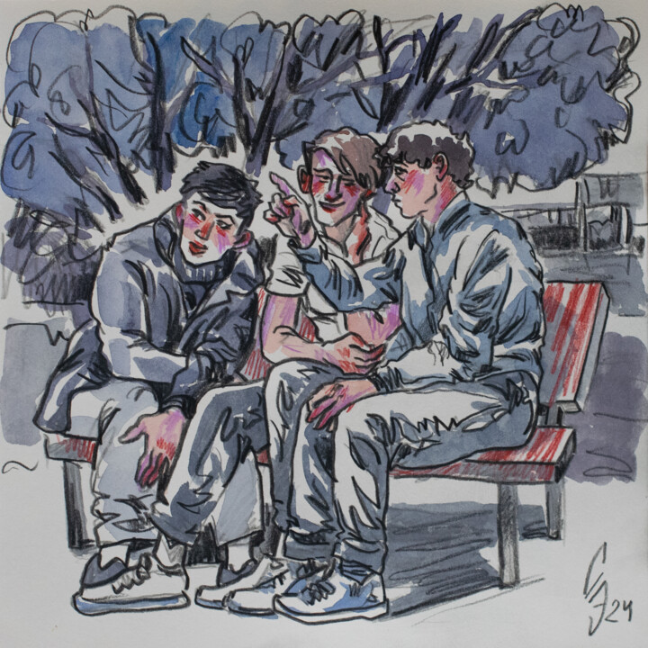 Drawing titled "Friends on a bench" by Sergey Sovkov, Original Artwork, Conté