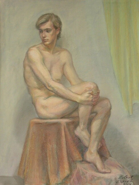 Desenho intitulada "Ilya. Male Nude sit…" por Sergey Sovkov, Obras de arte originais, Pastel