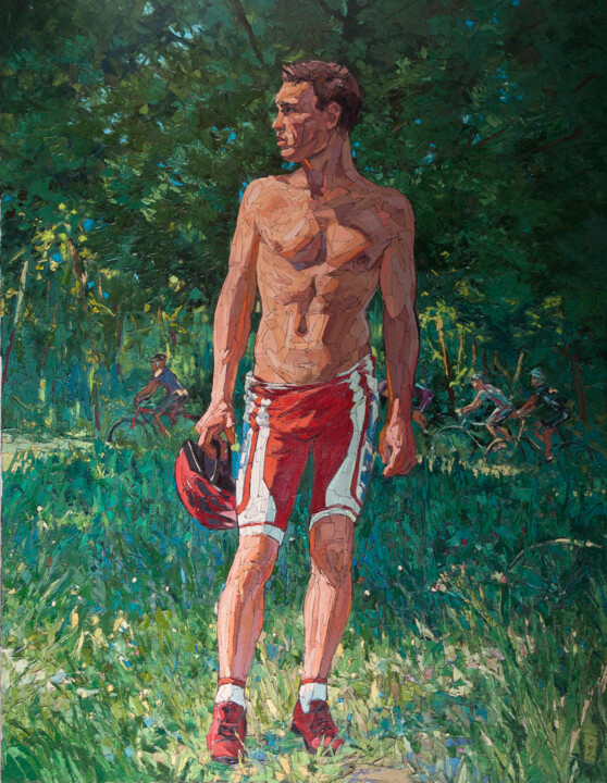 Painting titled "Cyclist" by Sergey Sovkov, Original Artwork, Oil