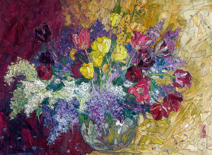 Painting titled "Lilacs and tulips" by Sergey Sovkov, Original Artwork, Oil