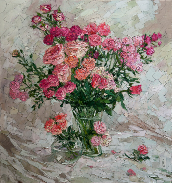 Painting titled "Pink roses" by Sergey Sovkov, Original Artwork, Oil